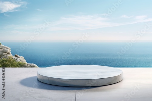 3D rendering of a marble podium on the edge of a cliff overlooking the ocean.