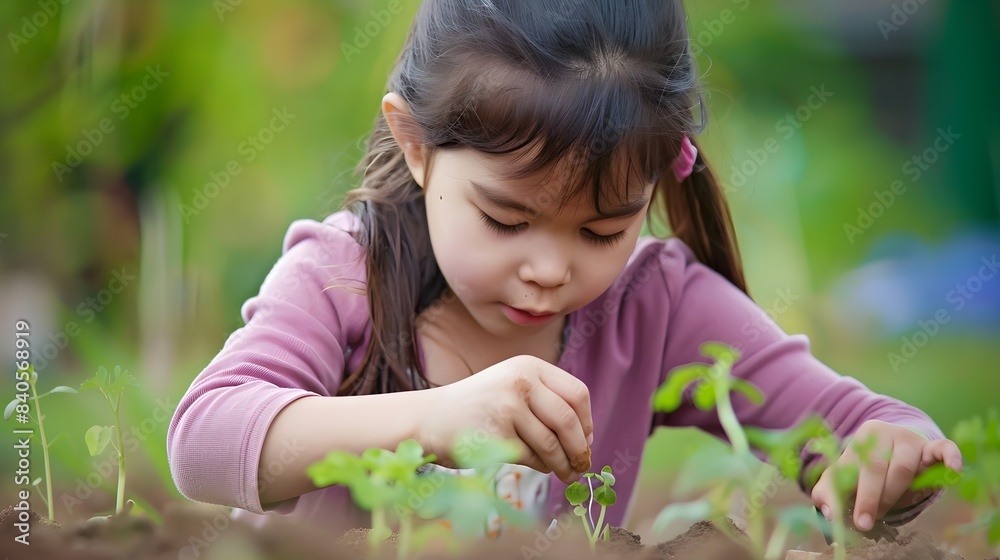 Young girl planting seedlings in a garden, focusing intently on her task, enjoying nature. Young girl planting seedlings in a garden, focusing intently on her task, enjoying nature.