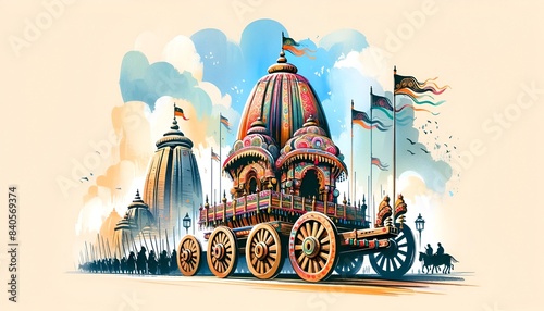 Illustration of the Rath Yatra with a large and ornately decorated chariot. photo