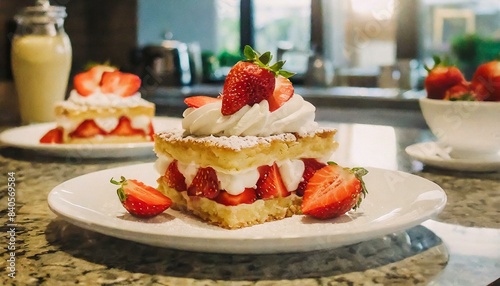 Strawberry shortcake with whipped cream dessert on a white plate  modern kitchen counter  close up  cinematic 