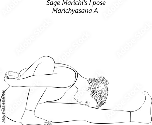 Sketch of young woman practicing Marichyasana A yoga pose. Sage Marichi I pose. Intermediate Difficulty. Isolated vector illustration.
