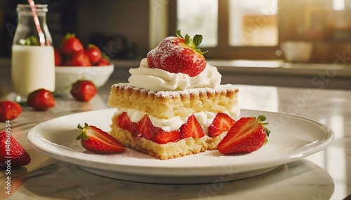 Strawberry shortcake with whipped cream dessert on a white plate  modern kitchen counter  close up  cinematic 