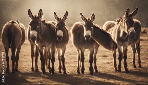 A herd of six curious donkeys gathered together under the warmth of the sun, facing a new direction with interest and anticipation in their eyes.