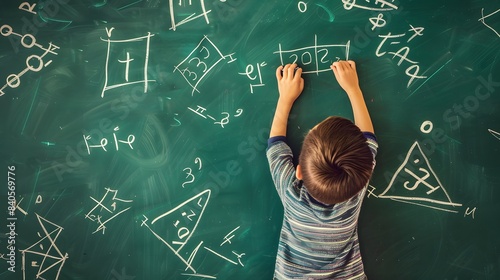 Young boy writing and solving mathematical formulas on a green chalkboard in a classroom setting.