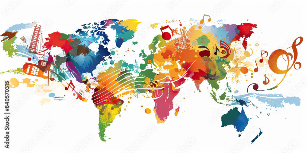 Fototapeta premium Harmony of Cultures: Music Notes with Cultural Symbols and Diversity from Various Regions