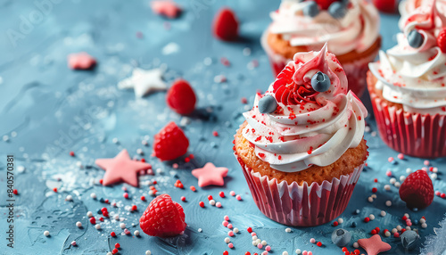 Three cupcakes with red, white and blue frosting and a star on top