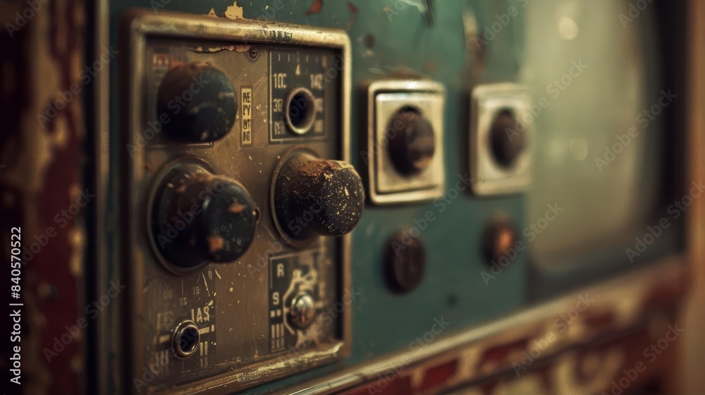 retro television vintage tv with analog buttons and dials grunge background closeup photo