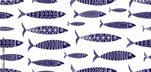 Blue sardines.  Retro background. Seamless pattern. Can be used in textile industry, paper, background, scrapbooking.