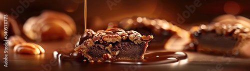 Close-up of a decadent chocolate brownie topped with nuts and drizzled with caramel sauce, ideal for dessert and food photography.