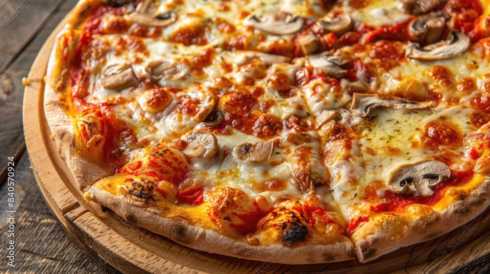 Delicious mushroom pizza with melted cheese and tomato sauce on a wooden board. Perfect for a tasty and satisfying meal. Delicious mushroom pizza with melted cheese and tomato sauce on a wooden board. Perfect for a tasty and satisfying meal.