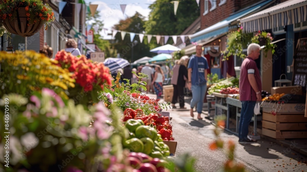 Obraz premium Colorful farm market in a sunny village street with flowers, fruits, and veggies all around, inviting people to shop and enjoy the day.