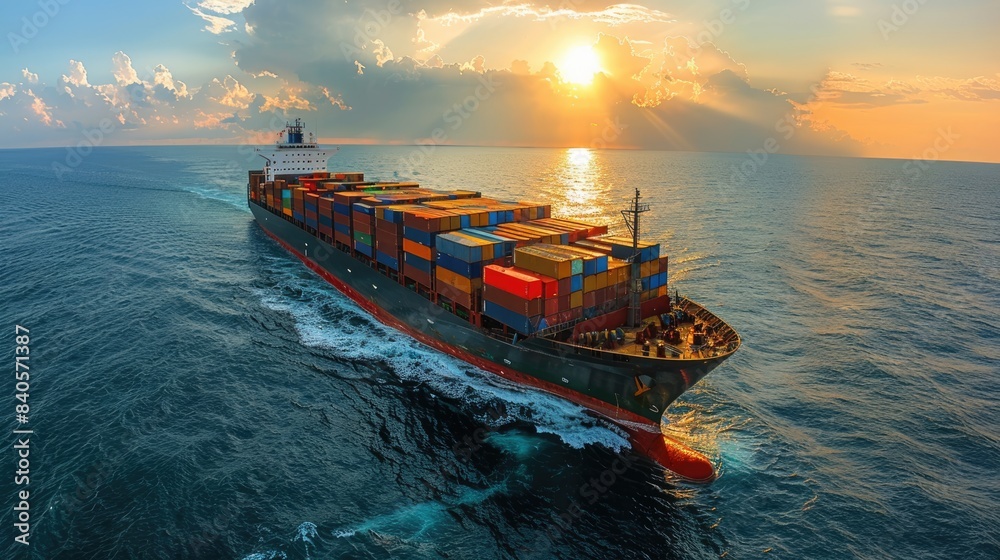 Fototapeta premium A large cargo ship is sailing at sea.