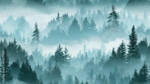 Vector forest background with layers of trees in misty conditions