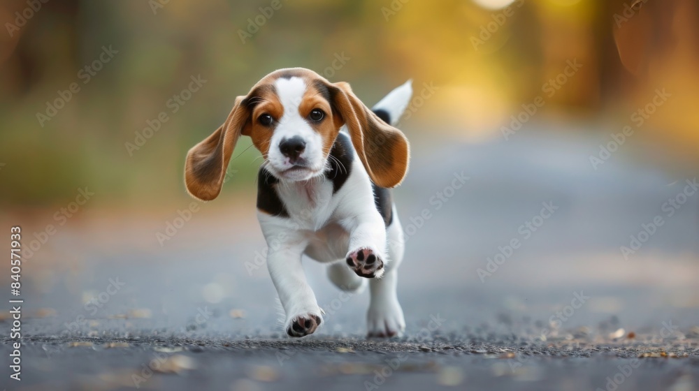 A cute beagle puppy runs down a path in the woods, ears flapping in the breeze.