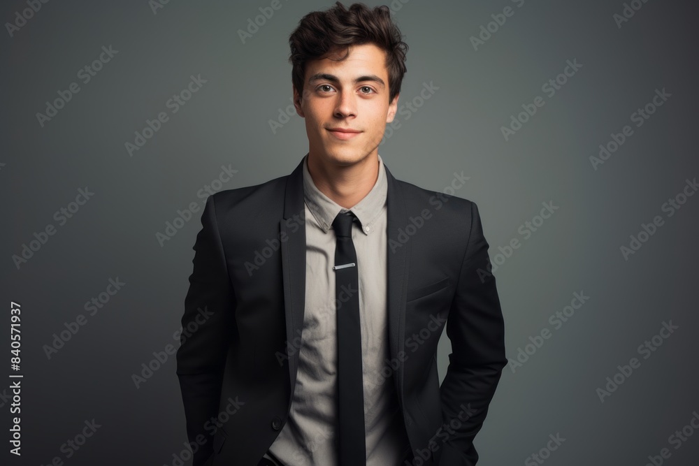 Portrait of a jovial man in his 20s dressed in a stylish blazer in front of soft gray background Portrait of a jovial man in his 20s dressed in a stylish blazer in front of soft gray background