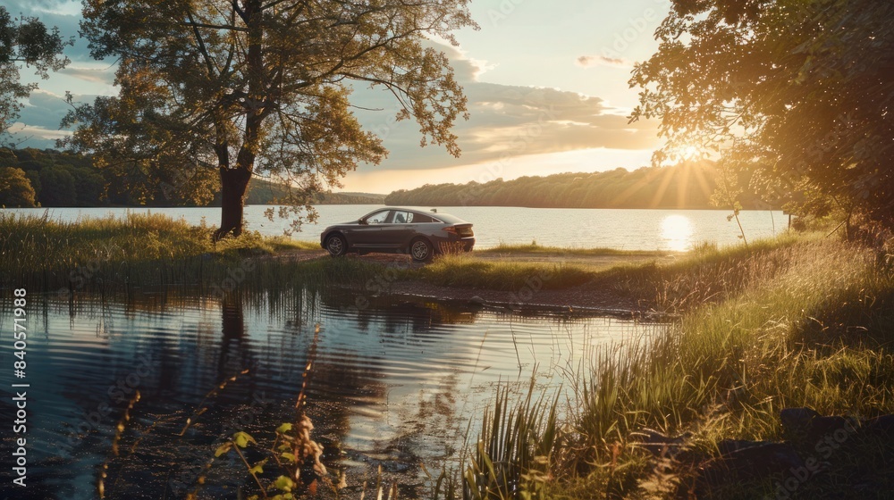 Obraz premium Serene sunset by the lake with a parked car, showcasing tranquility and nature's beauty while reflecting calm waters and a picturesque landscape.