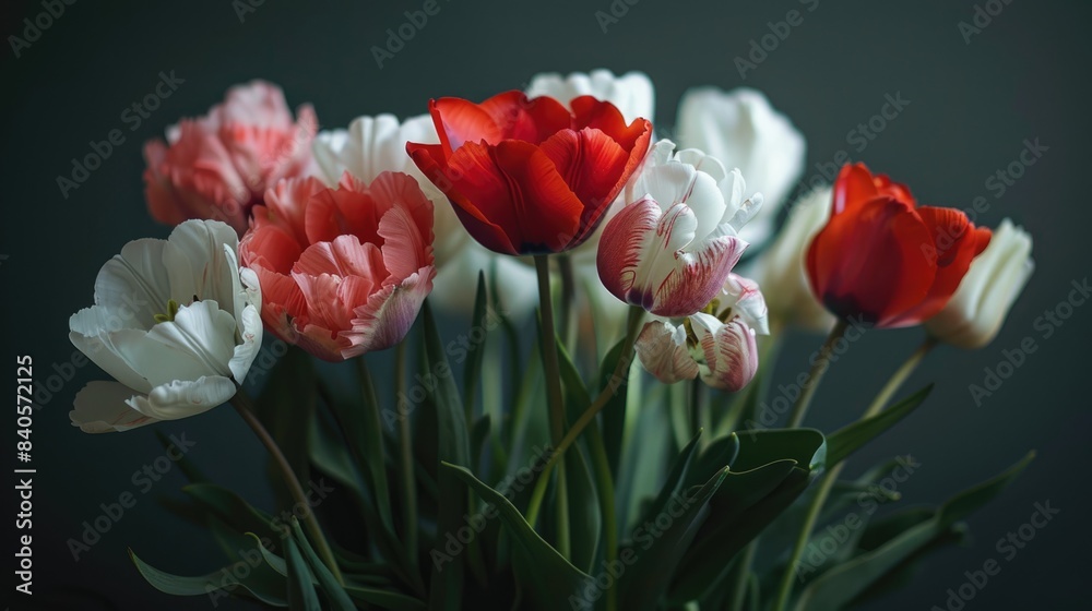 The bouquet consists of red, white, and pink tulips. The tulips are arranged in a vase. The background is a dark color. The tulips are in focus and the background is blurred. The bouquet consists of red, white, and pink tulips. The tulips are arranged in a vase. The background is a dark color. The tulips are in focus and the background is blurred.