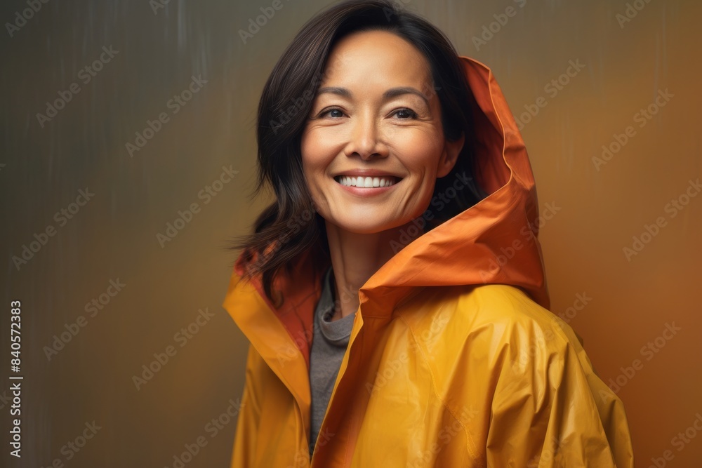 Portrait of a joyful asian woman in her 40s wearing a vibrant raincoat over soft brown background Portrait of a joyful asian woman in her 40s wearing a vibrant raincoat over soft brown background