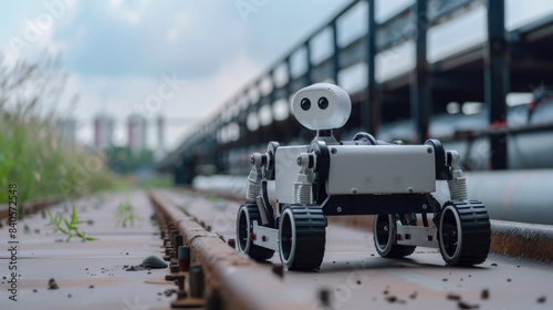 A small robot with a camera mounted on it is sitting on a railroad tie. 