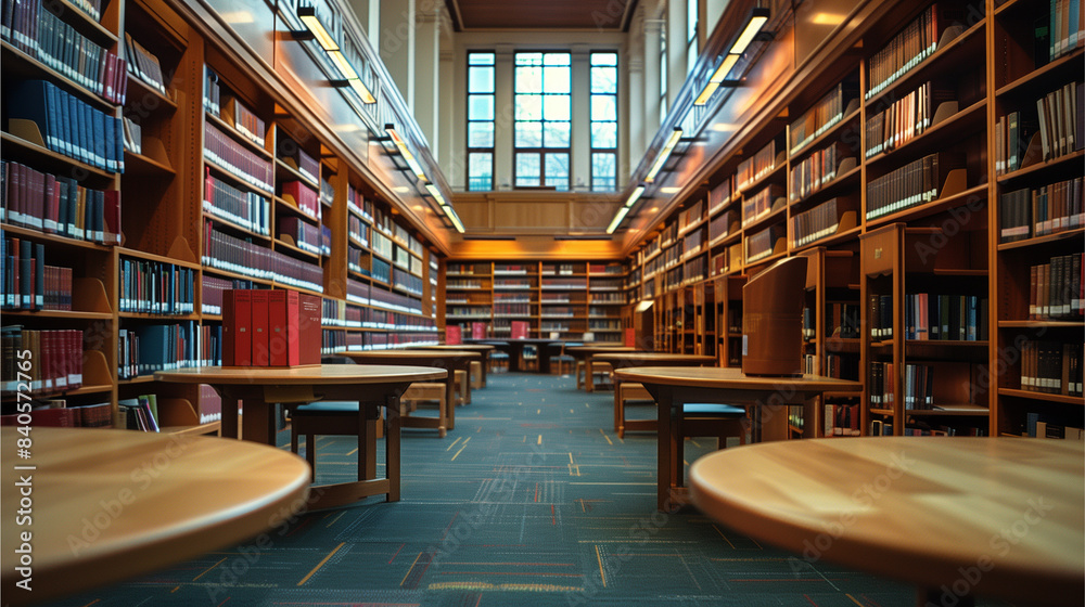 Modern university library with rows of books Modern university library with rows of books