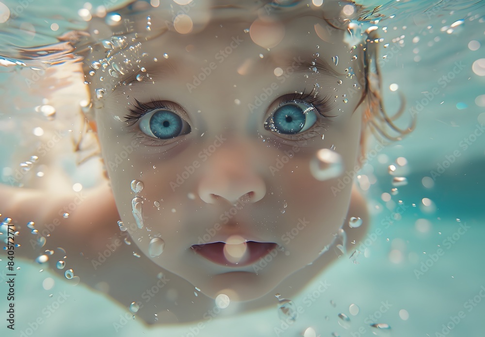 Baby underwater in the pool, with big blue eyes, swimming and playing with water and splashes Baby underwater in the pool, with big blue eyes, swimming and playing with water and splashes