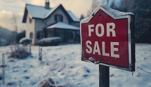 FOR SALE real estate sign in front of a house, focusing on the text with a blurred background