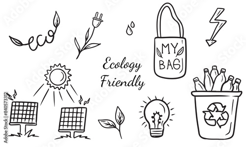 Set of simple cartoon drawing of ecology friendly topic with shopper, recycling, solar system battery, socket with plug, light bulb. Hand drawn vector sketch doodle illustration in line art style.