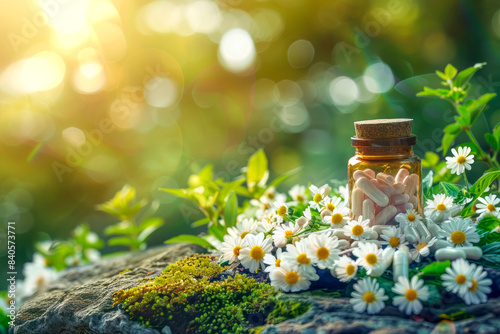 Homeopathy and herbal supplements. A bottle with pills, surrounded by daisies. Photo on the nature of the sun's rays. Selective focus. Copy space.