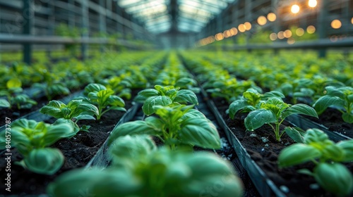 rows of basil plants in a greenhouse. The plants are in small pots and are being watered by a drip irrigation system. The greenhouse is lit by artificial lights.