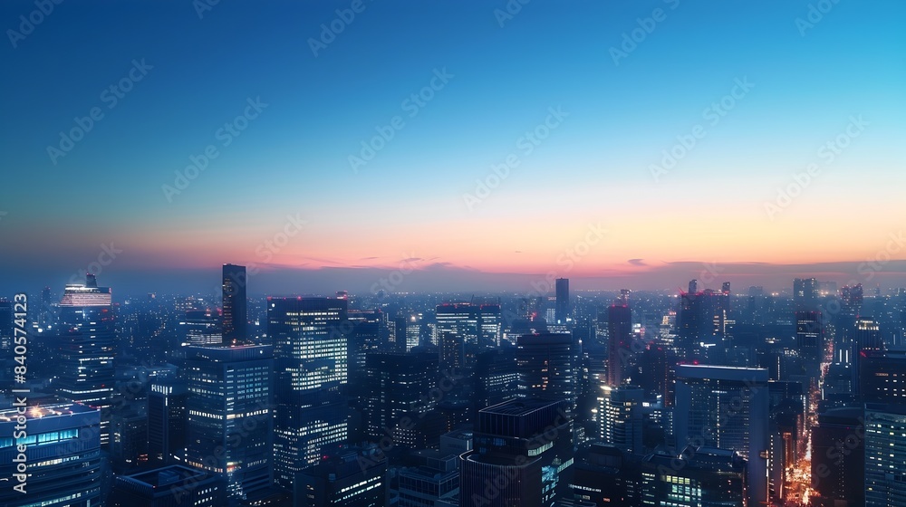 Panoramic Cityscape Transitioning from Day to Night with Illuminated Skyline and Changing Sky Panoramic Cityscape Transitioning from Day to Night with Illuminated Skyline and Changing Sky