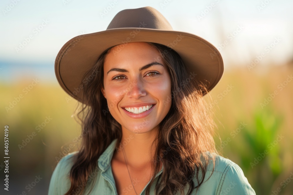 Portrait of a smiling woman in her 30s wearing a rugged cowboy hat in front of sandy beach background Portrait of a smiling woman in her 30s wearing a rugged cowboy hat in front of sandy beach background