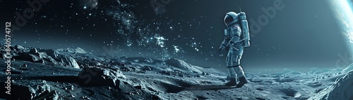 Design a futuristic Lunar exploration scene featuring a sleek, high-tech astronaut suit gliding over the rugged lunar terrain, with a backdrop of a shimmering Earthrise photo