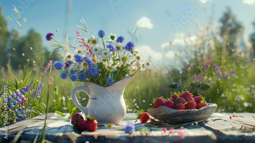 Fototapeta Naklejka Na Ścianę i Meble -  Swedish midsummer ambiance  ceramic jug with meadow flowers and fresh strawberries on table