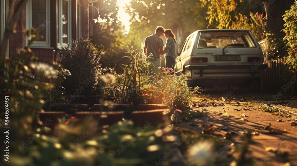 Naklejka premium Couple walking hand in hand down a sunlit garden path with an old car parked nearby
