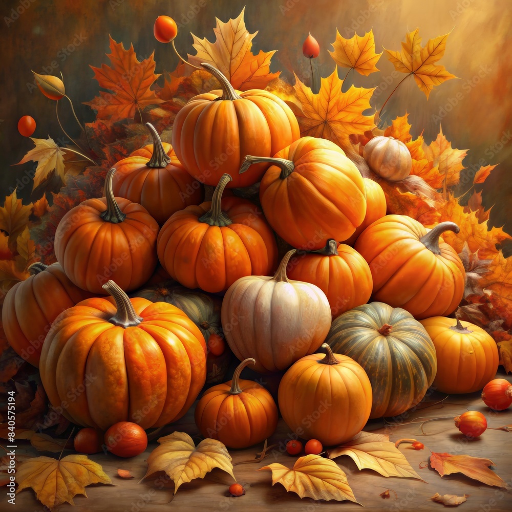 Pile of pumpkins surrounded by autumn leaves in a warm setting. Pile of pumpkins surrounded by autumn leaves in a warm setting.