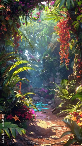 Illustrate a lush jungle environment for a fantasy RPG at a dramatic tilted angle view  showcasing vibrant colors and mysterious shadows  blending realism and fantasy art styles