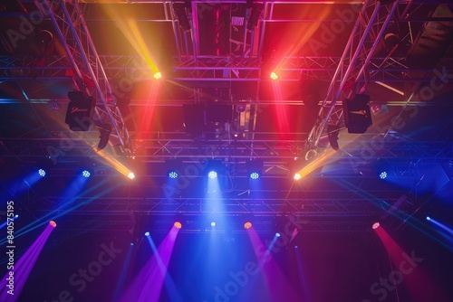 A Live stage production overhead trusses and lighting in a live venue. Stage rigging equipment