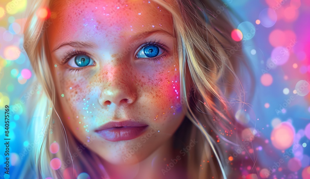 Young girl with blue eyes and long blonde hair, adorned in vibrant rainbow colors with soft bokeh lights that create a dreamy atmosphere Young girl with blue eyes and long blonde hair, adorned in vibrant rainbow colors with soft bokeh lights that create a dreamy atmosphere