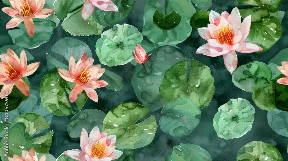 Small watercolor lilies on a pond, arranged in a seamless pattern Small watercolor lilies on a pond, arranged in a seamless pattern