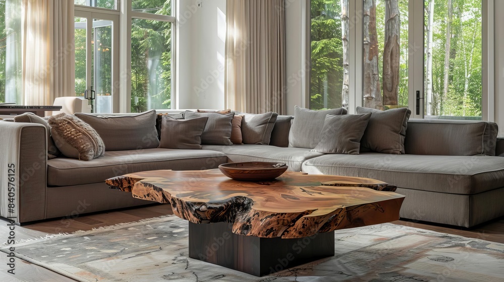 rustic live edge wooden coffee table in modern living room interior design photography