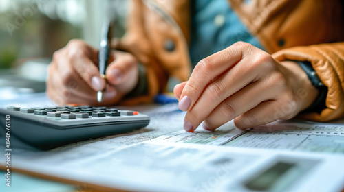 Concentrated woman managing monthly budget, calculating medical insurance, planning investments, paying utility household bills or taxes online using mobile phone, calculator and documents