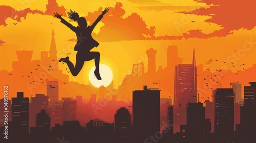 Business woman jumping and sunset silhouette AI generated