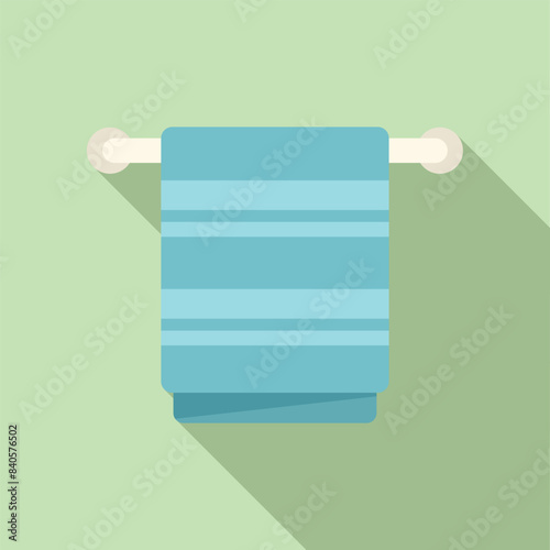 Modern bathroom towel illustration with striped vector design hanging on a wall holder. A simple and clean bath accessory for interior decor. Made of soft and absorbent cotton terry cloth