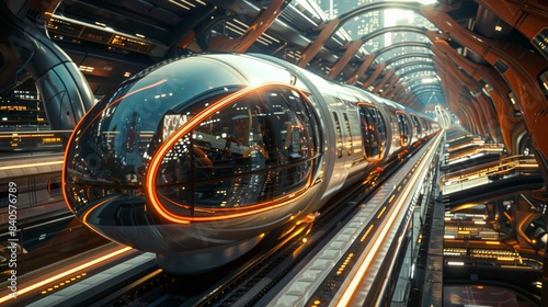 Futuristic transportation systems: Create an image of futuristic transportation systems, including flying cars and high-speed trains. 