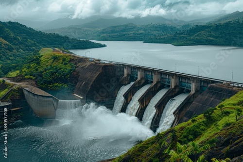 Massive Hydroelectric Dam with Water Flowing into a Scenic River