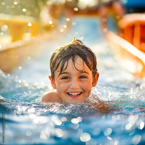 Happy boy going down the water slide in the water park. The concept of summer resort rest. © Natali