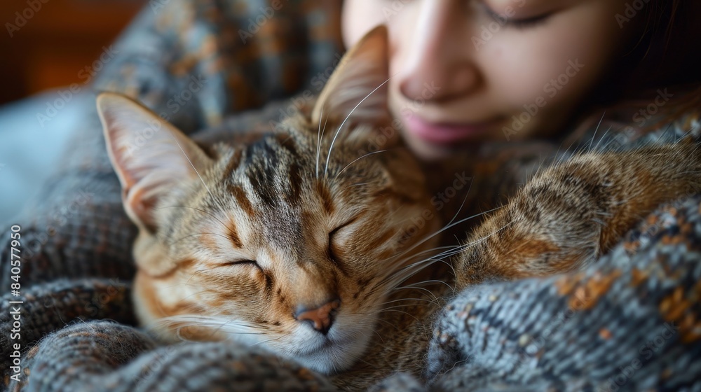 Generate an image of a sleeping pet nestled in its owner's arms