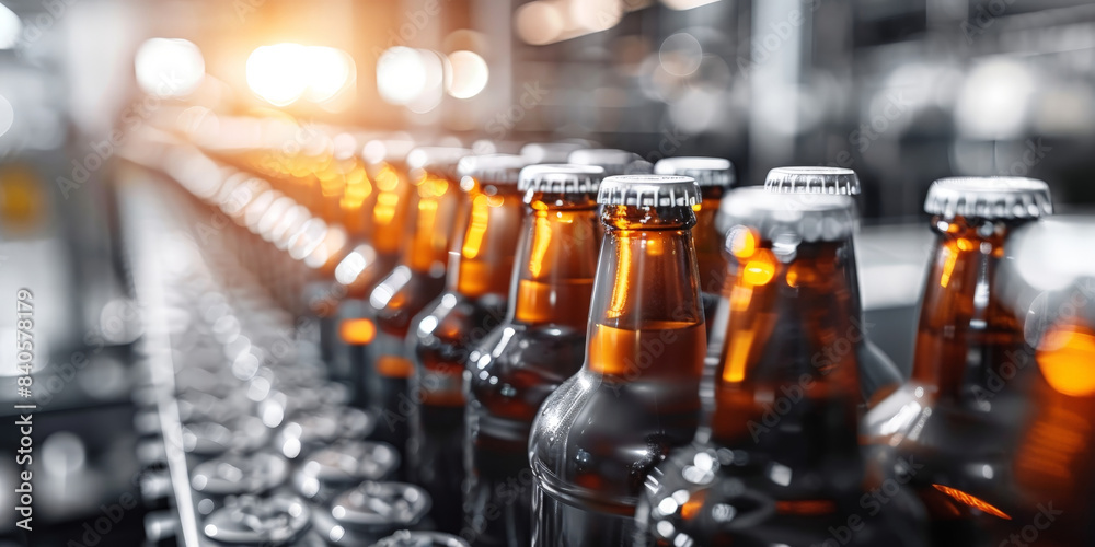 Beer bottles moving along a production line in a modern brewery, showcasing the efficiency and industrial process of beverage manufacturing.. Beer bottles moving along a production line in a modern brewery, showcasing the efficiency and industrial process of beverage manufacturing..
