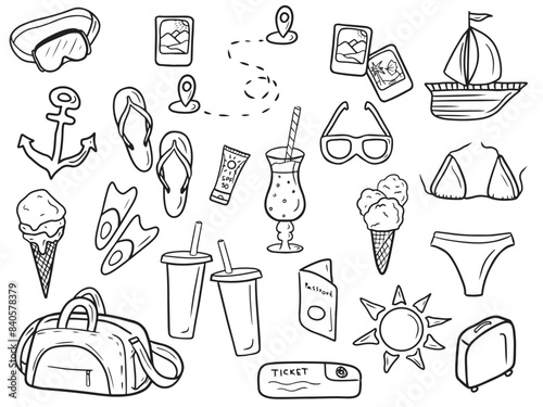 Set of cute summer travel vacation equipment: ship, ice cream soda drinks, tickets for train airplane, bag with clothes, passport, swimsuit, photos, navigation, cocktails vector sketch illustration.