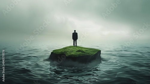 sad businessman standing alone on tiny island in vast ocean isolation and loneliness concept surreal digital art photo